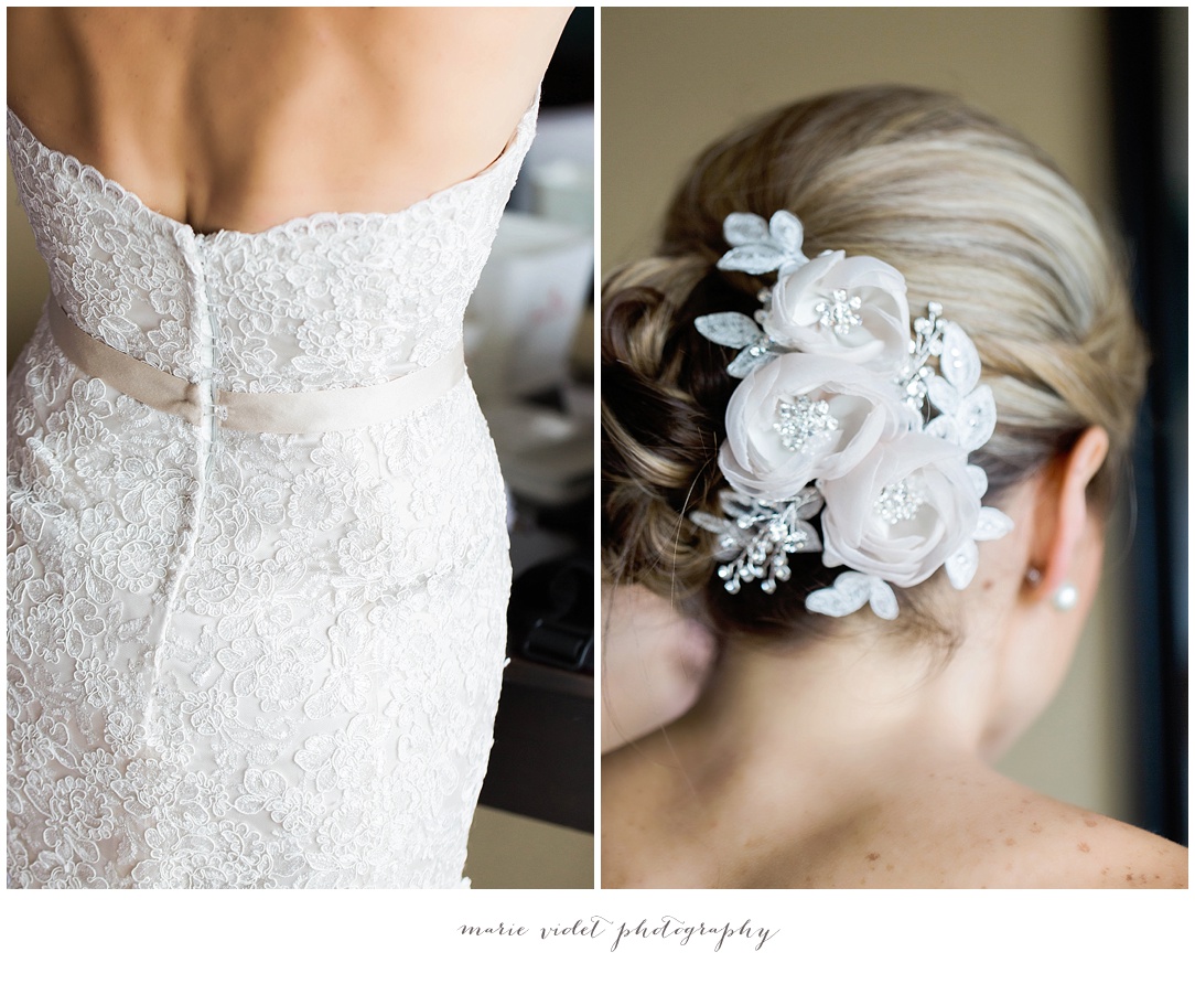 gorgeous wedding dress and hair accessory detail
